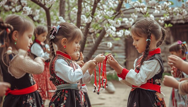 Foto niños en un pueblo rumano intercambiando cuerdas de martisor rojas y blancas bajo un cerezo en flor