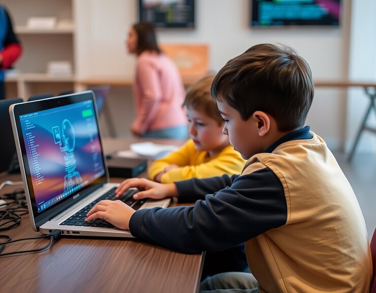 Foto niños que participan en un taller de codificación