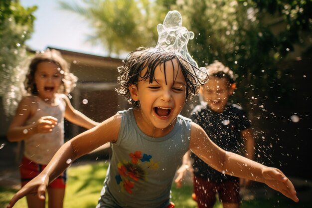 Los niños que tienen una pelea lúdica de globos de agua en un patio trasero sus expresiones llenas de travesura disparado