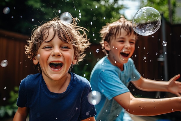 Los niños que tienen una pelea lúdica de globos de agua en un patio trasero sus expresiones llenas de travesura disparado