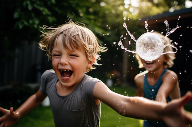 Los niños que tienen una pelea lúdica de globos de agua en un patio trasero sus expresiones llenas de travesura disparado