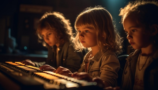 Niños que se unen a través de la educación y el disfrute sentados con un pianista generado por la inteligencia artificial