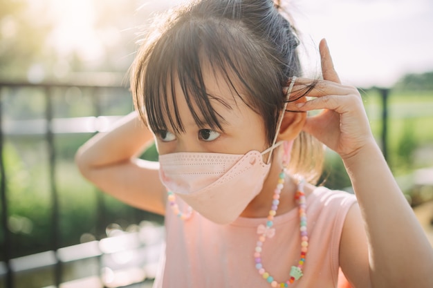 Los niños que usan la máscara para protegerse de los virus y la contaminación del aire.