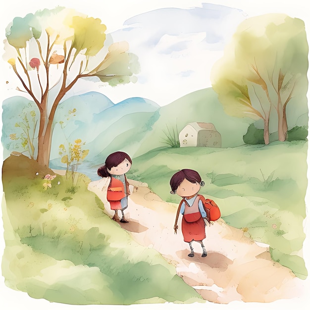 Niños que van a la escuela en el camino de Village Stream en el lado con la ilustración de estilo de libro de historia de ruta