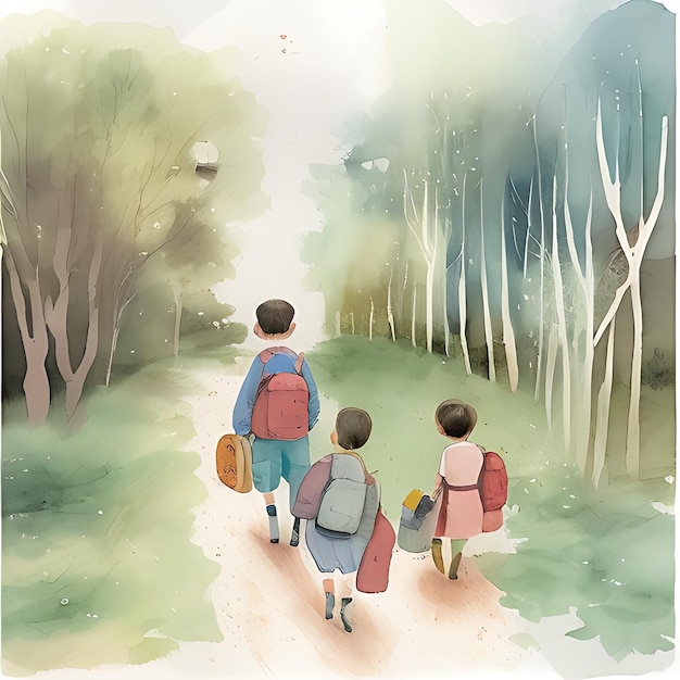 Niños que van a la escuela en el camino de Village Stream en el lado con la ilustración de estilo de libro de historia de ruta