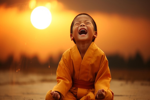 Foto niños radiantes sonríen en los rayos del sol evocando calidez e inocencia creando un ambiente alegre