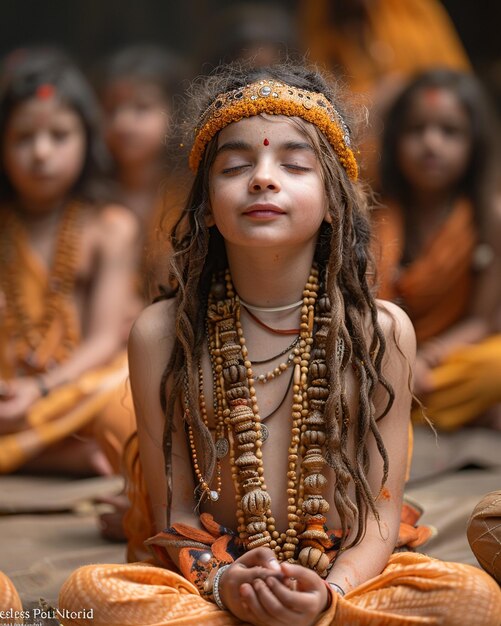 Foto niños recitando cantos védicos un fondo