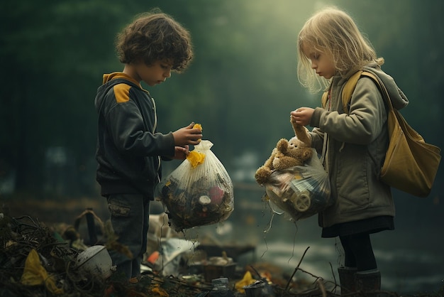 Los niños recogen basura en el parque.