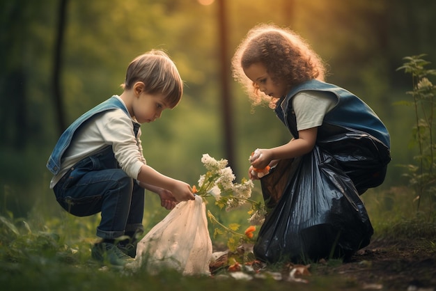 Los niños recogen basura en el parque.