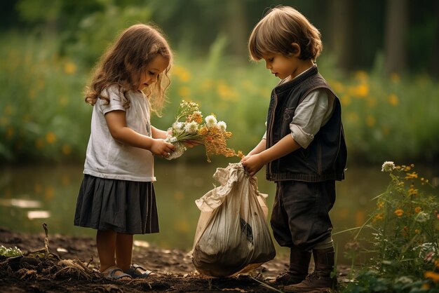 Foto los niños recogen basura en el parque.