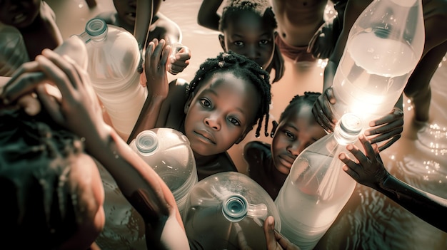 Niños recogiendo agua en botellas de plástico