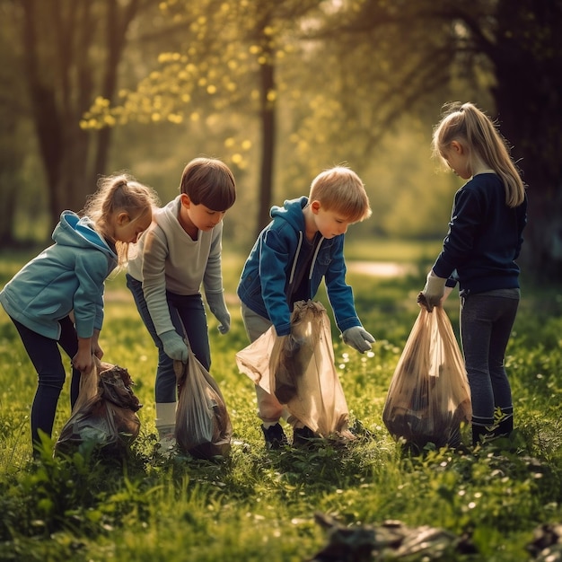 Niños recogiendo basura en un bosque