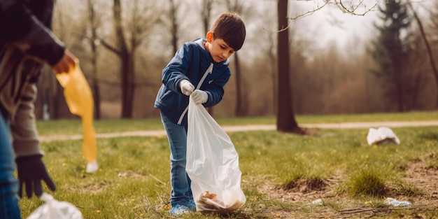 Niños recogiendo basura en el parque por el Día de la Tierra IA generativa