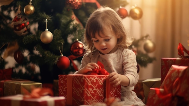 Niños y regalos de Navidad retro en el árbol de Navidad