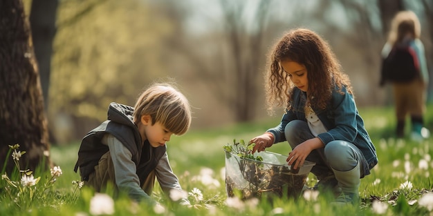 Foto niños retirando la basura del parque en honor al día de la tierra generative ai