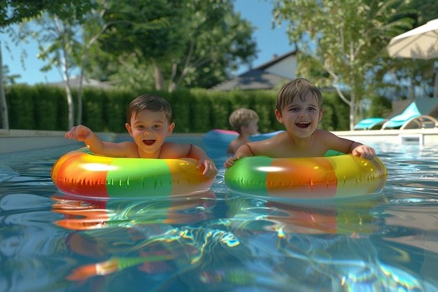 Foto niños riendo jugando en una piscina con inflables
