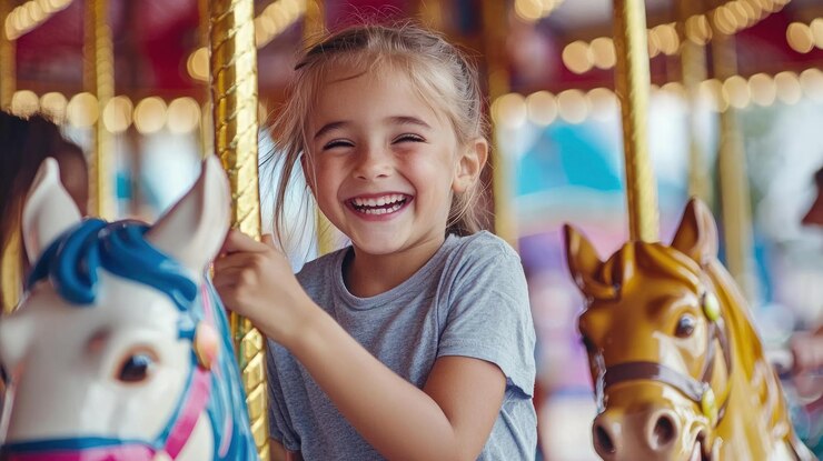 Niños riendo y sonriendo mientras montan un caballo de carrusel que representa momentos despreocupados de felicidad