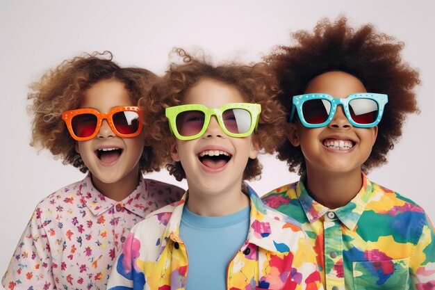 Foto niños con ropa casual con gafas 3d de pie juntos