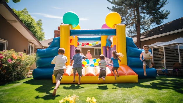 Los niños saltan y juegan alegremente en una colorida casa hinchable