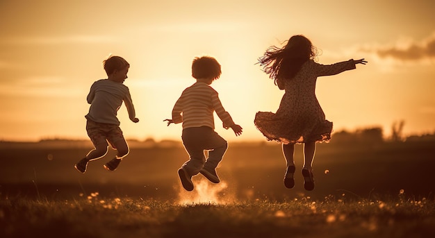 Niños saltando al atardecer