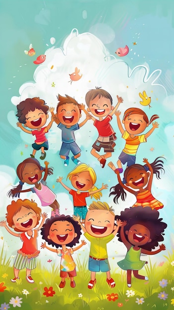 Niños saltando de alegría en un mundo imaginario