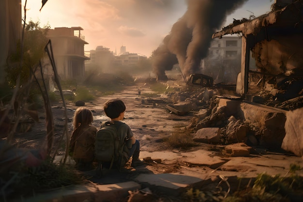 Niños sentados cerca de las ruinas casas devastadas por la guerra IA generativa