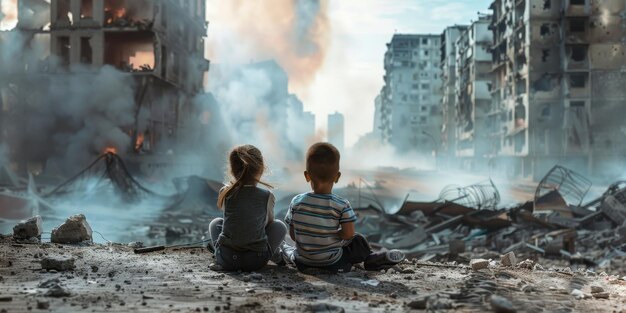 Niños sentados frente a una ciudad en ruinas