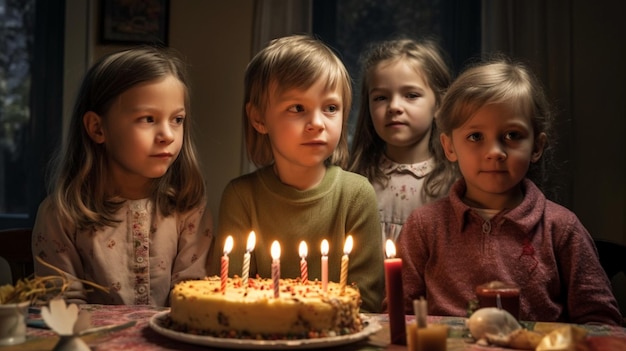 Niños sentados en una mesa con un pastel con velas