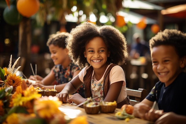 Niños sentados en mesas disfrutando de sus frutas y snacks