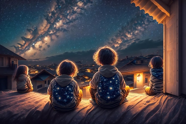 Niños sentados en el techo por la noche, un niño y una niña miran las estrellas en el cielo