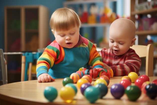 Niños con síndrome de Down jugando juntos en una colorida sala de juegos Alegría y camaradería Amigos Autismo infantil Educación de niños con discapacidades Niños con síndrome de Down