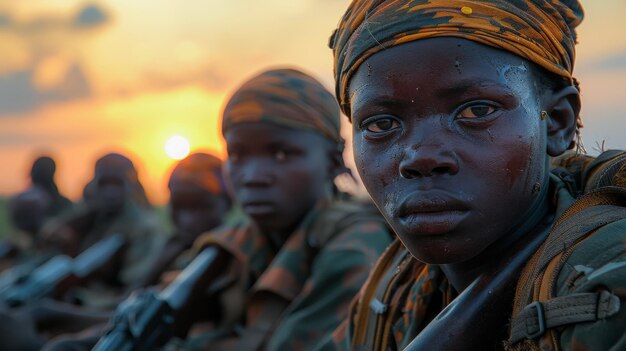 Foto niños soldados al atardecer