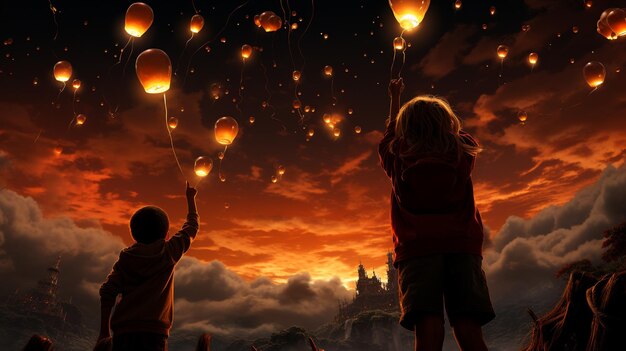 Foto niños soltando globos en el cielo