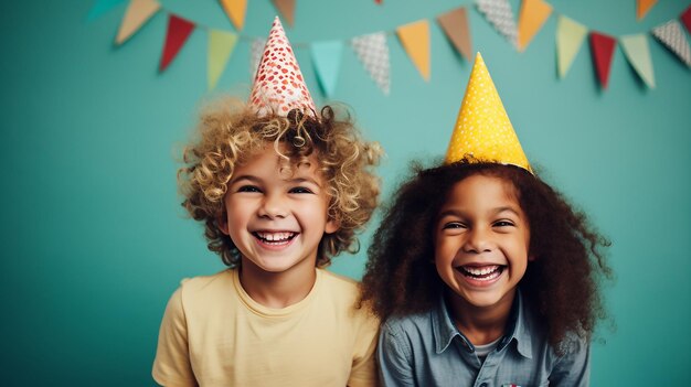 Foto niños con sombrero de fiesta