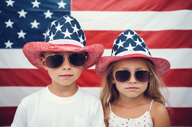 niños con sombrero y símbolos de la bandera estadounidense