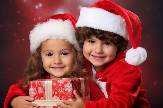 niños con sombreros de santa claus con regalos de navidad
