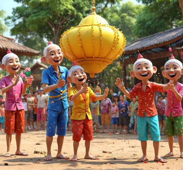 Los niños de Songkran juegan con globos durante el festival.