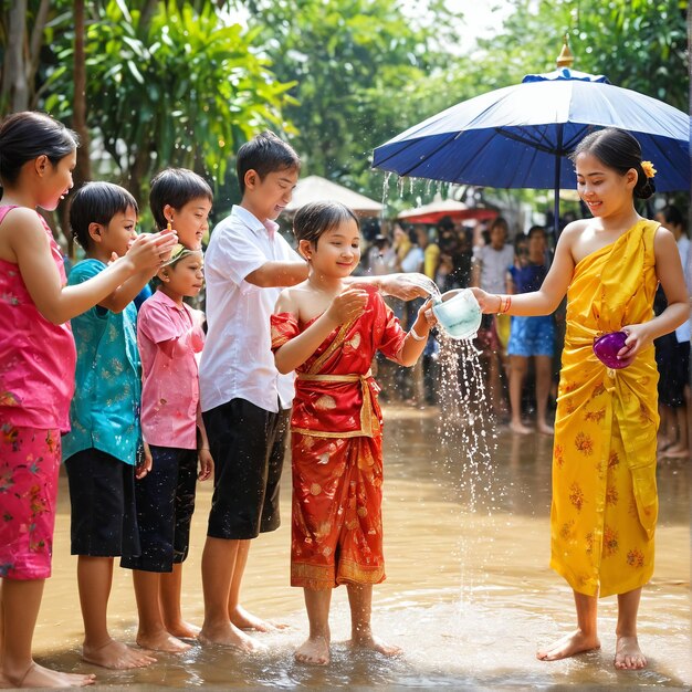 niños songkran jugando en el agua