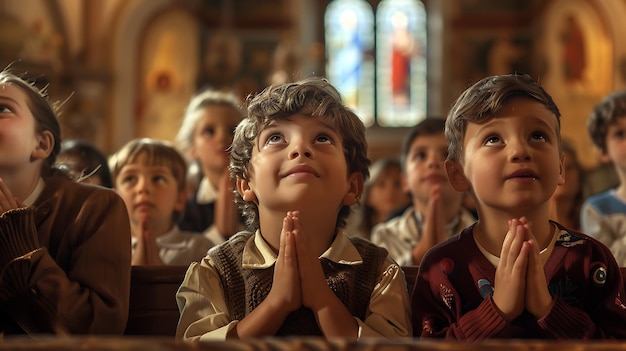 Niños sonrientes aprenden teología y comparten oraciones