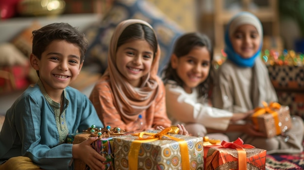 Niños sonrientes con regalos de Eid con ropa tradicional