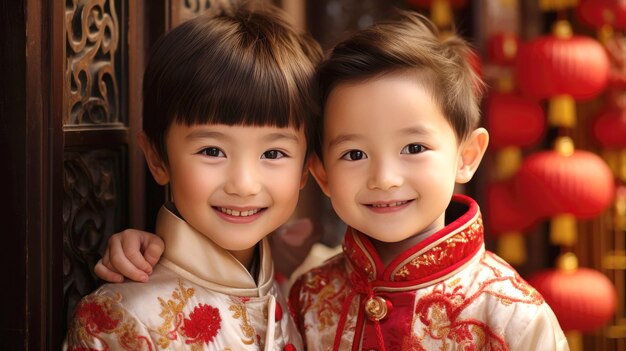 Niños sonrientes con ropa tradicional del año nuevo chino Festival de la primavera lunar