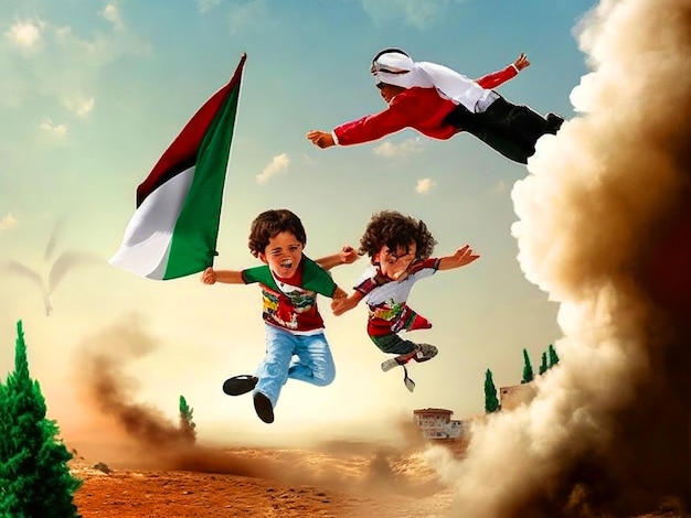 Niños sosteniendo la bandera de palestina contrata fotografías e imágenes de stock