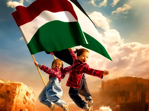 Niños sosteniendo la bandera de palestina contrata fotografías e imágenes de stock