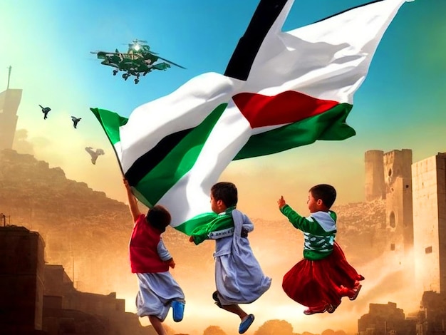 Niños sosteniendo la bandera de palestina contrata fotografías e imágenes de stock