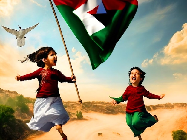 Niños sosteniendo la bandera de palestina contrata fotografías e imágenes de stock