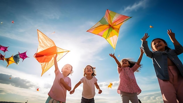 Niños sosteniendo cometas volando en el cielo