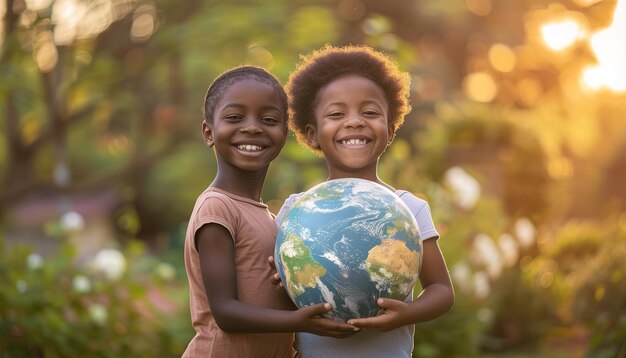 Niños sosteniendo un globo que simboliza la unidad y la conciencia ambiental iluminado por un sol dorado
