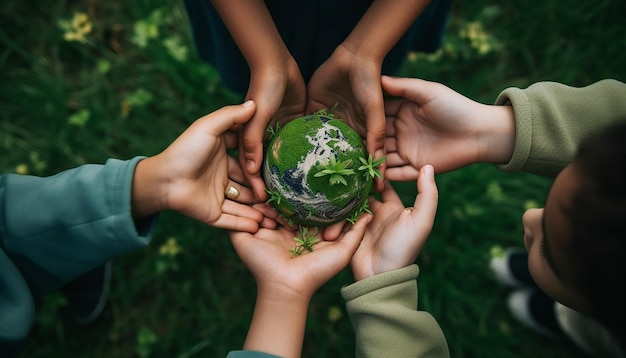 Foto niños sosteniendo tierra verde en sus manos en el fondo de hierba verde materiales mundanos aéreos