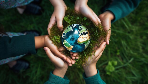 Foto niños sosteniendo tierra verde en sus manos en el fondo de hierba verde materiales mundanos aéreos