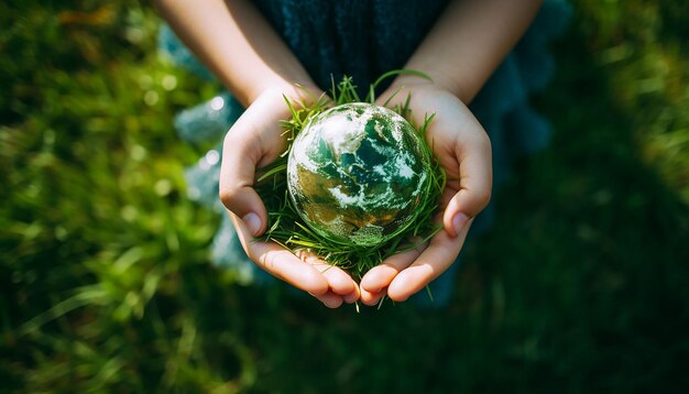 Foto niños sosteniendo tierra verde en sus manos en el fondo de hierba verde materiales mundanos aéreos